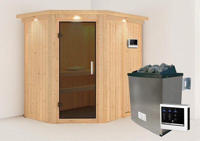 Karibu Sauna-Set Cleo in Graphit inklusive 9 kW Ofen mit externer Steuerung, Dachkranz und Ganzglastür - Bild 1