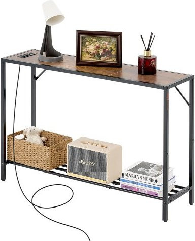 VEVOR Konsolentisch schmal mit Steckdosen und Ladestation, 2-stufiger Sofa-Tisch im Farmhouse-Stil aus MDF und Carbonstahl, Farbe Schwarz oder Braun, B/T/H: 106,0 x 29,5 x 73,5 cm - Bild 1