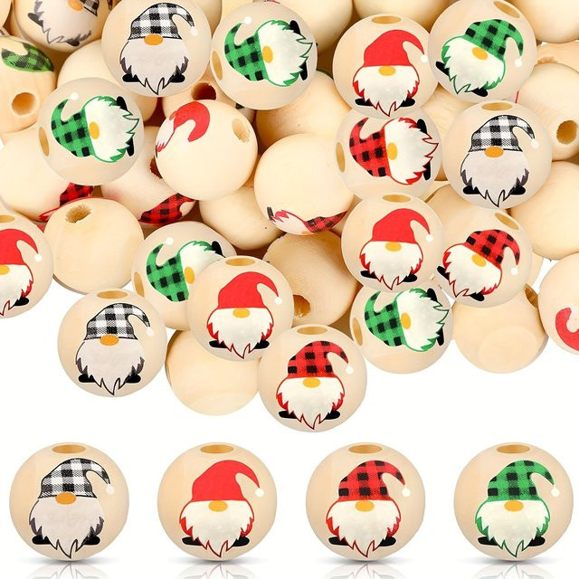 40 Stück weihnachtliche Holzperlen mit Karomuster und Schneeflocken in Multicolour, Durchmesser: 1,6 cm - Bild 1