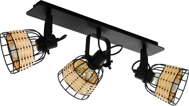 Eglo Anwick 3er Decken Spot Schwarz-Natur im Vintage-Stil mit Rattan und Stahl - Bild 1
