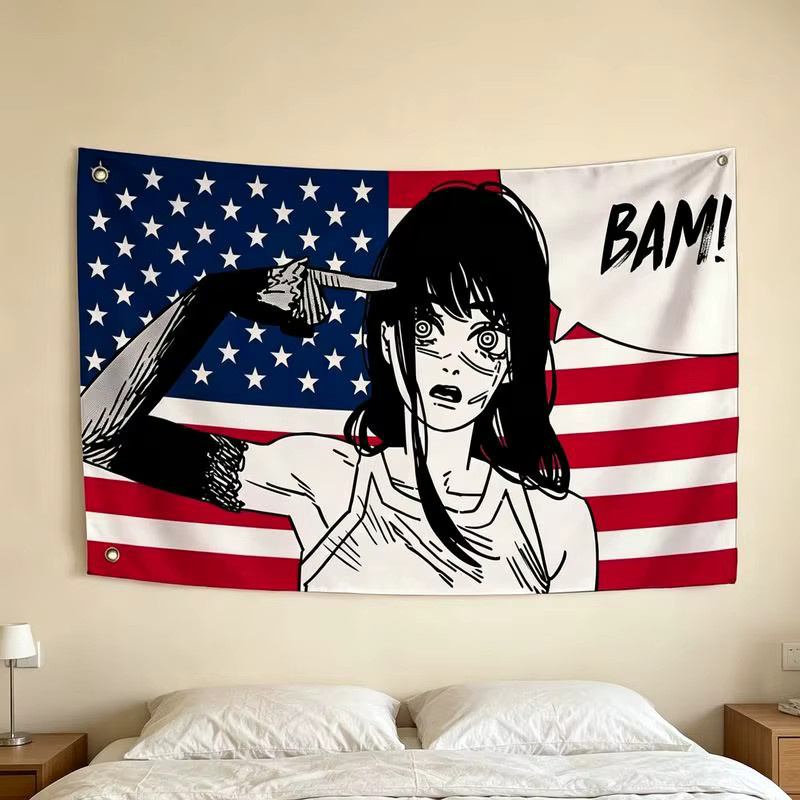 VIKAMA Anime Girl Against the Knife BAM Wandteppich mit amerikanischer Flagge, Mehrfarbige Textil-Wandkunst für dein Schlafzimmer oder Gaming-Zimmer - Bild 4
