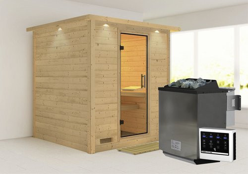 Karibu Sauna Sindi aus Fichtenholz in Beige inklusive 9 kW Saunaofen mit integrierter Steuerung für 4 Personen, B/T/H: 221 x 198 x 212 cm - Bild 1