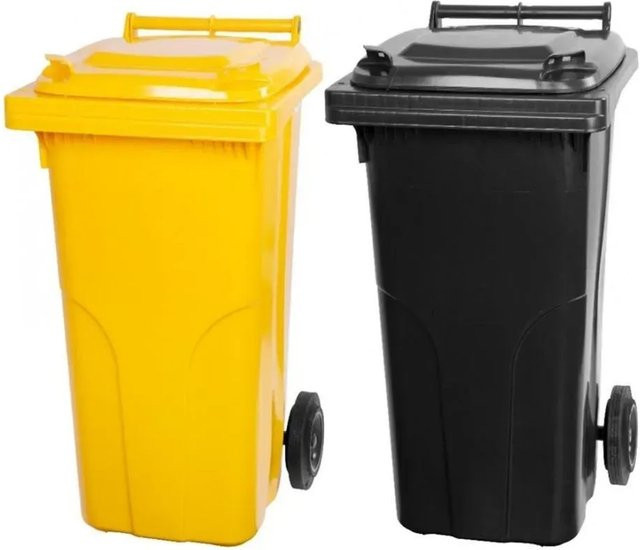 PROREGAL SuperSparSet 2x 120 Liter Mülltonne mit 2 Rädern aus HDPE-Kunststoff in Gelb und Grau/Schwarz - Bild 1
