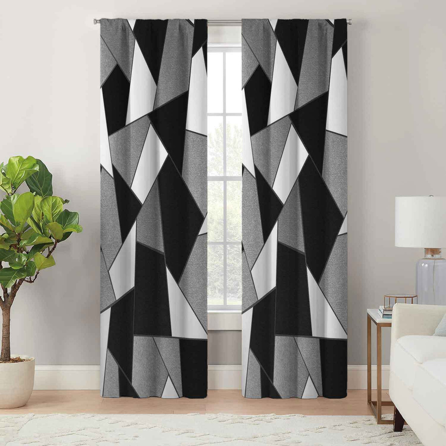 Yiran Furniture Vorhang Set mit geometrischem Schwarz-Weiß-Muster, modern minimalistisch, semi-transparent, Polyester, 2 Stück, Breite: 100 cm, Höhe: 130 cm - Bild 1