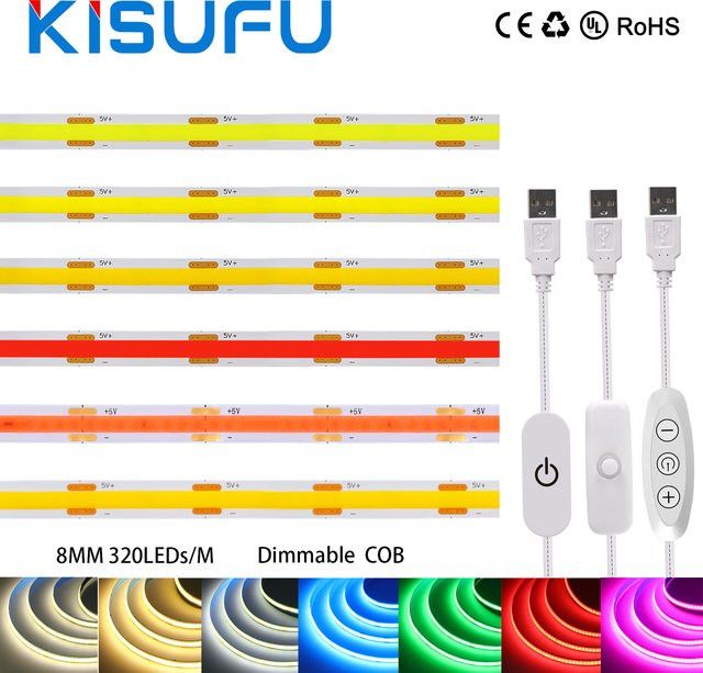KISUFU COB LED Lichtstreifen mit Touch Dimmer und 9 Farben in Weiß, 5V mit 320 LEDs für Zimmer, Bar und TV Hintergrundbeleuchtung - Bild 1