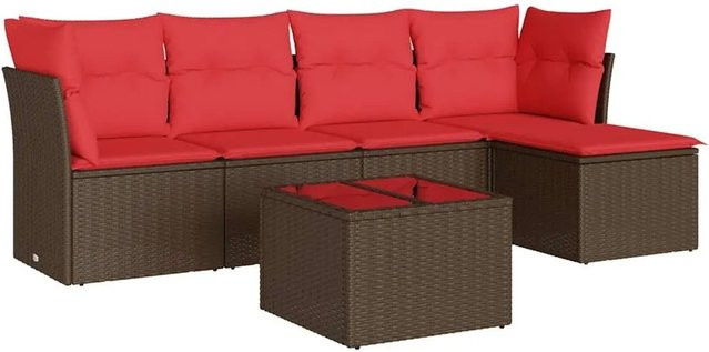 vidaXL 6-teilige Garten-Sofagarnitur in L-Form mit Kissen und Couchtisch, Braun, Polyrattan mit Metallgestell - Bild 1