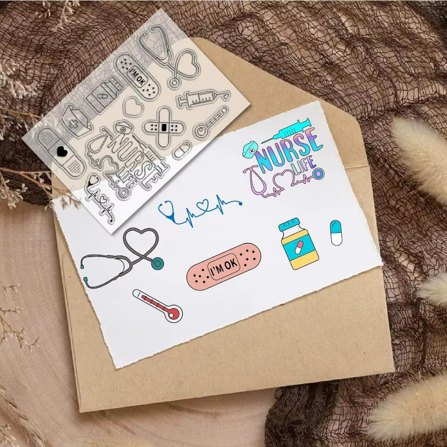 Wiederverwendbare Silikon-Stempel mit medizinischen Motiven wie Krankenschwester, Pflaster und Stethoskop in transparent - Bild 2