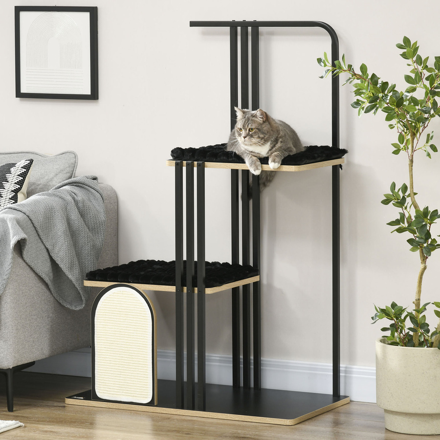 PawHut Kratzbaum Schwarz mit 2 Plattformen und Kissen, moderner Katzenbaum aus Metall und MDF, B/H/T: 48 x 128 x 85 cm - Bild 2