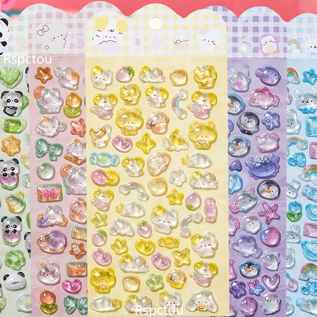 6 Stück Kawaii Anime-Tier 3D-Kristall-Relief-Aufkleber mit Kaninchen, Katze und Hund in Multicolour für Handy, Kühlschrank und Gepäck - Bild 1