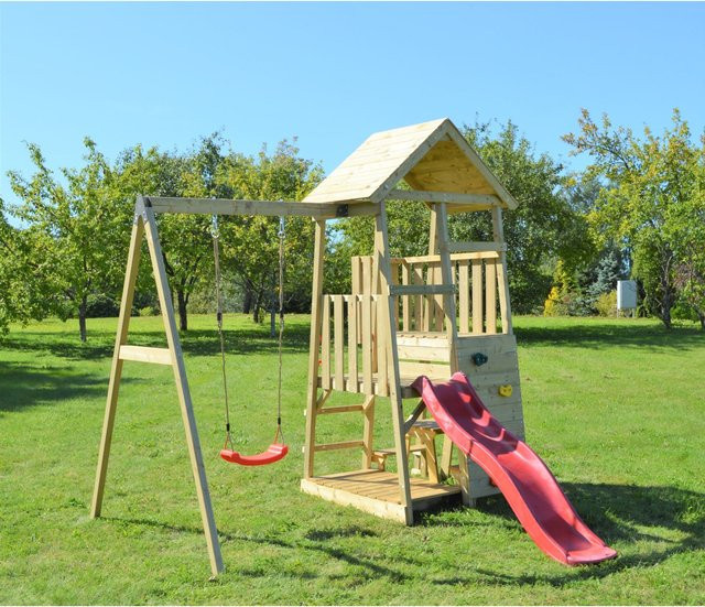 Wendi Toys Kinderspielturm Gorilla aus Holz mit Rutsche, Schaukel, Kletterwand und Sitzecke, Farbe: Natur/Braun, B/H/T: 270 x 270 x 290 cm - Bild 1