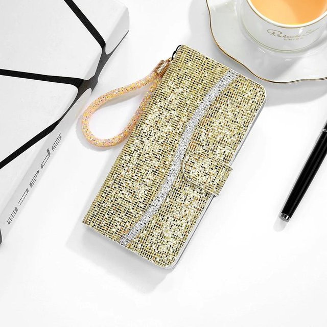 Glitzernde Leder-Brieftasche Klapphülle für Samsung Galaxy S25 Edge S24 Ultra S23 Plus S22 S20 FE A16 A17 A26 A35 A36 A55 A56 in Gold - Bild 1