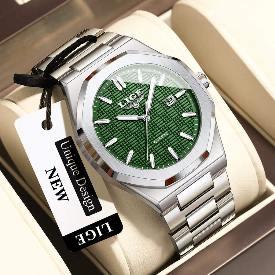 LIGE Armbanduhr Edelstahl, Quarz, Eckig, Silber, Grün, Herren - Bild 2