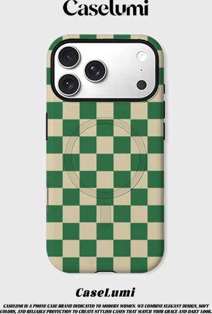 CaseLumi Matte Bumper MagSafe Hülle für iPhone 17 16 15 14 Plus Pro Max Stoßfeste Harte PC Abdeckung Klassisches Grün Schachbrett-Design - Bild 1