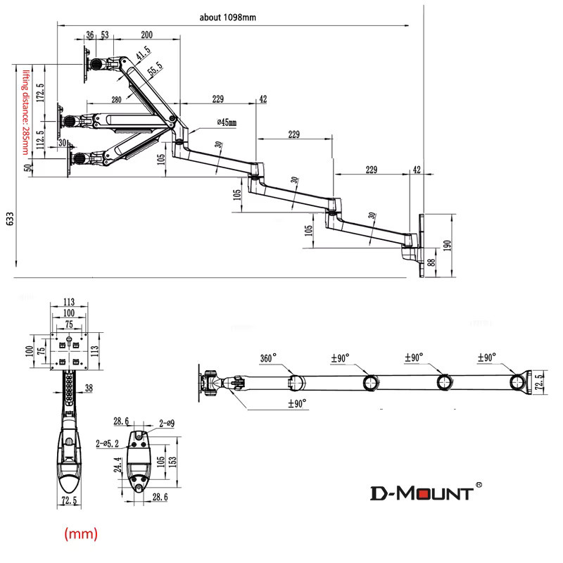 D-MOUNT 7014 Mechanische Feder-Monitorhalterung für 17-32 Zoll LCD-Monitore und TV, Wandhalterung mit langem Arm, Farbe: Silber, VESA 100x100 mm und 75x75 mm, Traglast 3-6 kg - Bild 2