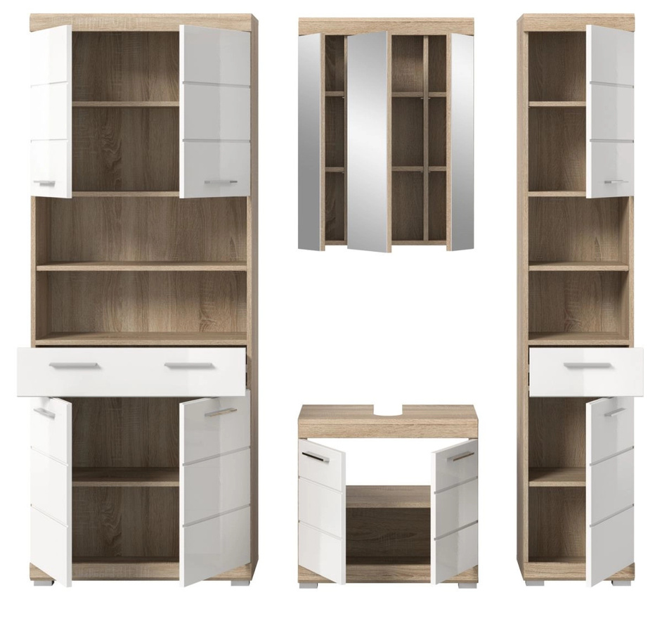 Badmöbel Set Mambo 4-teilig in Weiß Hochglanz und Eiche mit Waschtischunterschrank, Spiegelschrank und Hochschrank - Bild 5