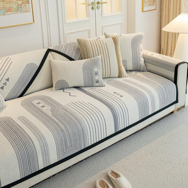 Chenille-Sofabezug mit geometrischem Muster in Grau, gestreifte Couchmatte aus Jacquard-Polyester, B/B/H: 70 x 70 x 0 cm - Bild 1