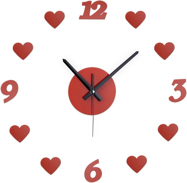 Relaxdays Wanduhr mit Herz-Design in Rot, analoge Quarzuhr aus Kunststoff und Eisen, selbstklebend - Bild 1