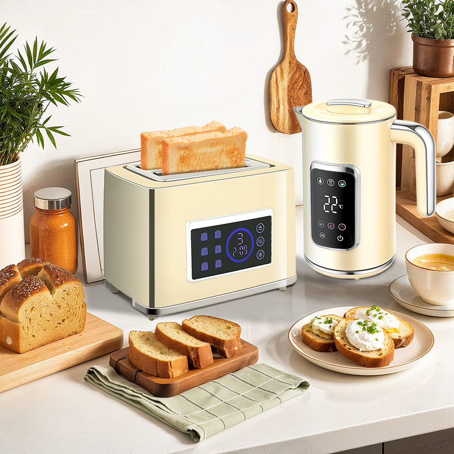 Aosom Frühstücksset aus Edelstahl mit Wasserkocher 1,7 l und 2-Scheiben-Toaster 2200 W in Beige - Bild 2
