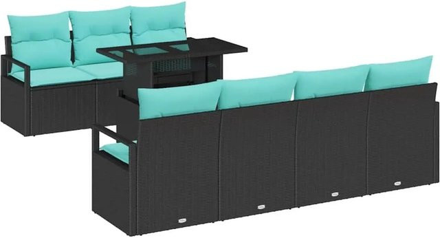 vidaXL Gartensofa-Set 8-teilig aus Poly-Rattan mit integriertem Speicher und blauen Polstern in Schwarz, bestehend aus 4 Armsofas, 3 Mittelplätzen und 1 Tisch - Bild 1