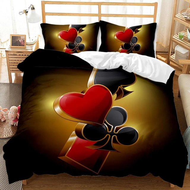 Poker Bettwäsche-Set mit Kartenspiel-Design von Your Warm Home, Retro Gamer Bettbezug und 2 Kissenbezügen, Farbe: Schwarz, B/H: 173 x 218 cm, Kissenbezüge: 50 x 70 cm - Bild 1