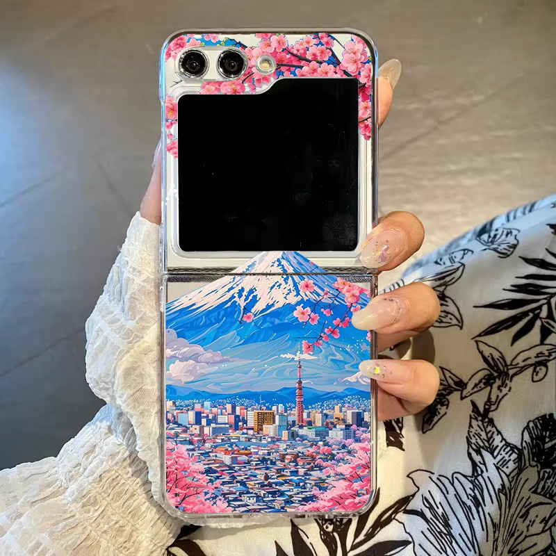Japan Anime Fuji Mountain Handyhülle für Samsung Galaxy Z Flip 4 5 6 7 8, Transparente Harte PC Schutzhülle mit Blütenlandschaft Design - Bild 2