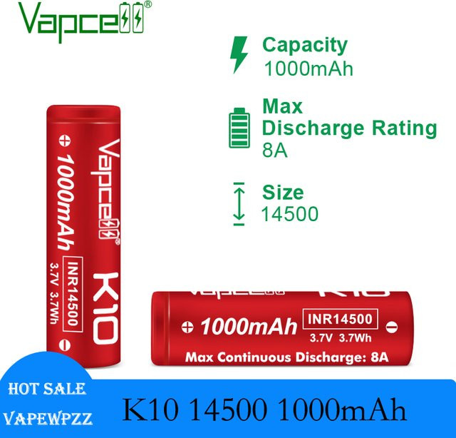 Vapcell K10 14500 Lithium-Ionen-Akku, 1000mAh, 3,7V, 8A, Farbe: Rot - Bild 1