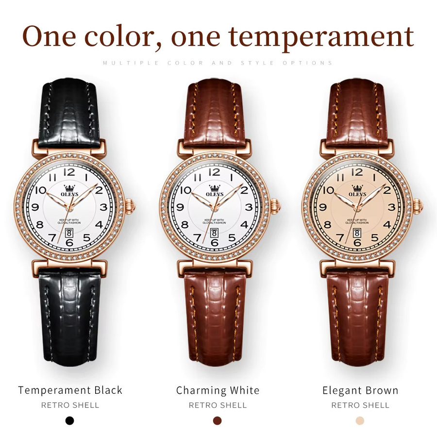 OLEVS Armbanduhr Quarz, Diamantbesetzt, Leder, Weiß, Damen - Bild 4