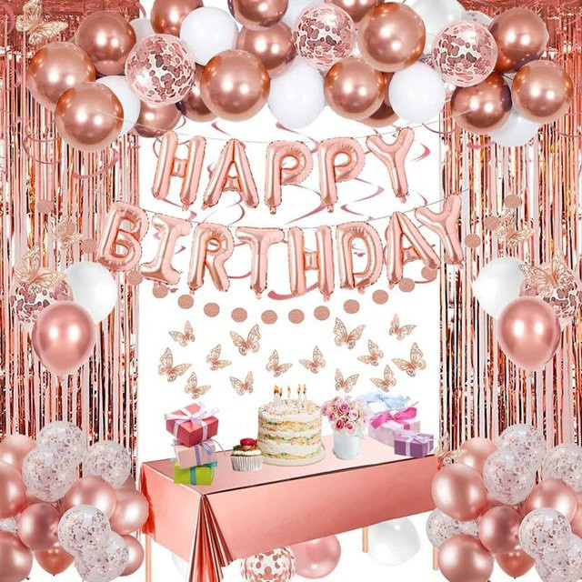 Roségoldenes Ballon-Set aus Latex für deine Geburtstagsfeier mit runden Ballons und Schmetterlings-Dekoration - Bild 1
