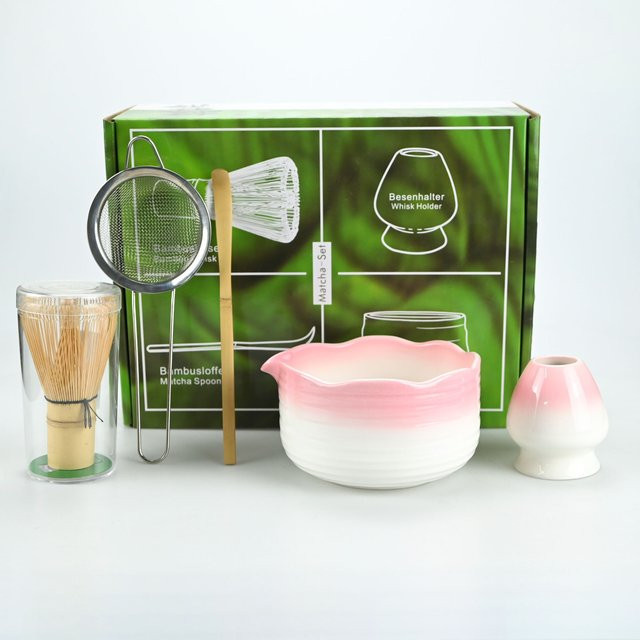 5-teiliges Matcha-Schalen-Set in Pink mit Matcha-Schale, Chasen-Besen, Besenhalter, Sieb und Teelöffel als Matcha-Starter-Kit - Bild 1