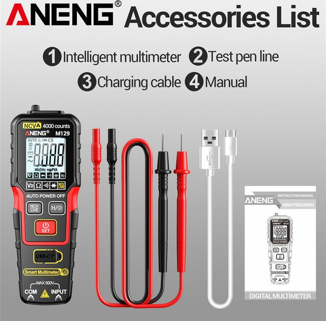 ANENG M129 Digitales Multimeter mit 4000 Anzeigen, 500V AC/DC Spannung, NCV-Funktion, Widerstandsmessgerät mit Taschenlampe und Hintergrundbeleuchtung in Rot und Schwarz - Bild 1