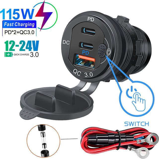 Velev 115 W Autoladegerät mit QC3.0 und PD Typ C, Drei USB-Autoladebuchsen mit Voltmeter und Schalter, Aluminium-Metall, Silber - Bild 1