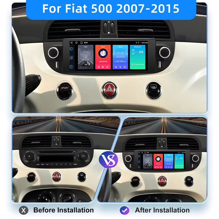 ESSGOO Android 15 Autoradio für Fiat 500 Abarth 2007-2015 mit 6,86 Zoll Display, 4+64G, Bluetooth, Wireless CarPlay, GPS, WiFi und Dual USB in Schwarz - Bild 2