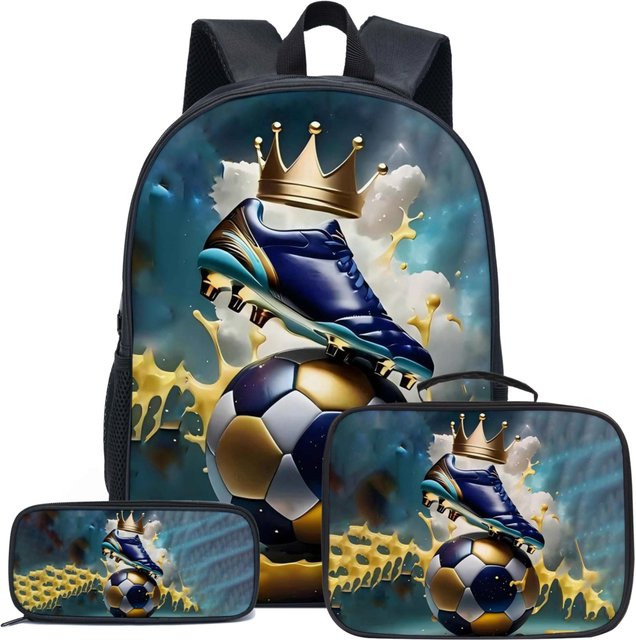 Dreiteiliges Schulset für Jungen mit Fußball-Print-Muster in Blau bestehend aus Rucksack, Brotdose und Federmäppchen - Bild 1