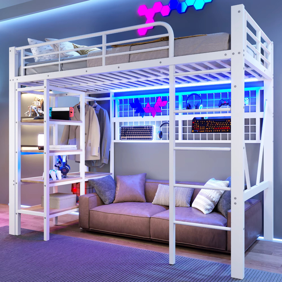 Modernes Hochbett mit L-förmigem Schreibtisch in Weiß, inklusive LED-Beleuchtung, Ladestation, Ablagefächern und Stoffschubladen, B/T/H: 140 x 200 cm - Bild 4