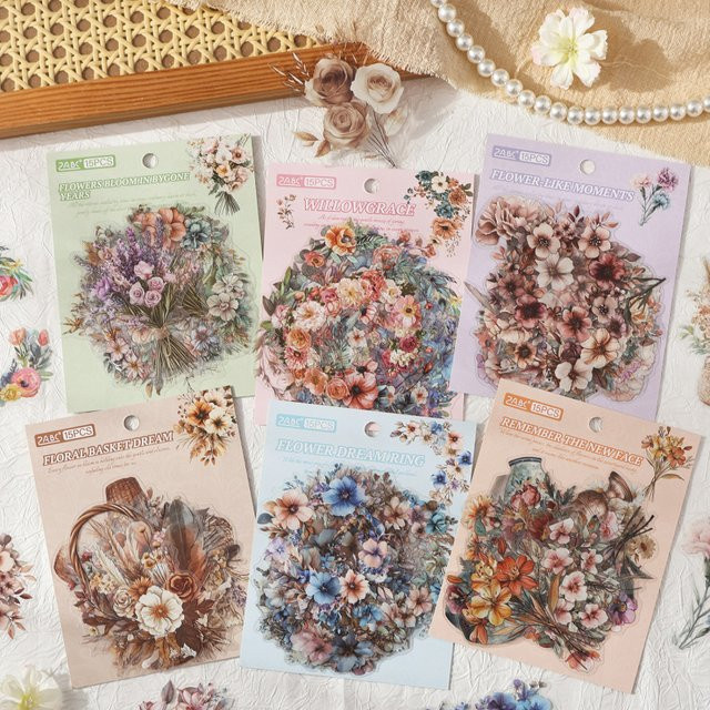15 Retro-Blumenstrauß und Vasen Aufkleber in Multicolor mit zarter Linienkunst für dein Tagebuch - Bild 1
