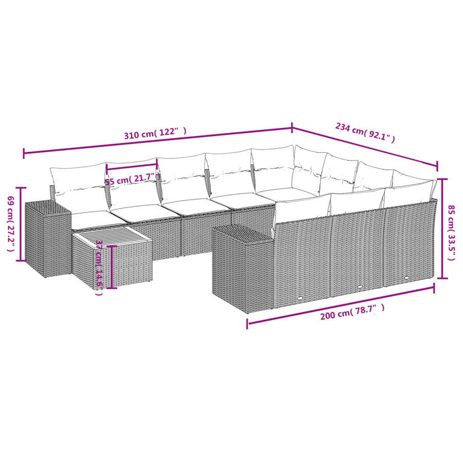 vidaXL 11-tlg. Garten-Sofagarnitur aus Polyrattan in L-Form mit Kissen, Beige - Bild 3