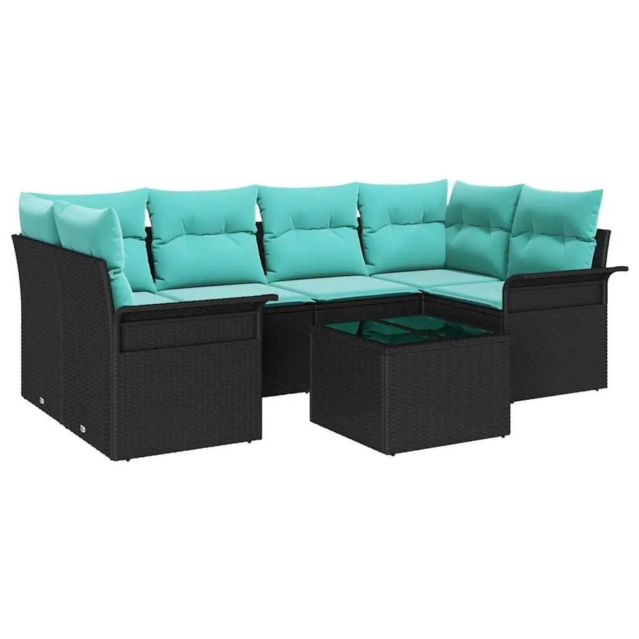 vidaXL Gartensofa-Set aus Poly-Rattan mit 7 Kissen in Schwarz und Türkis - Bild 2