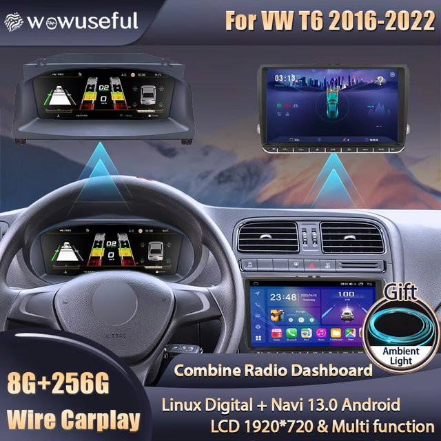 Wowuseful Digitales Armaturenbrett-Cluster für VW T6 16–22 Caravelle Multivan Transport mit Android Navigation Radio Player in Schwarz - Bild 1