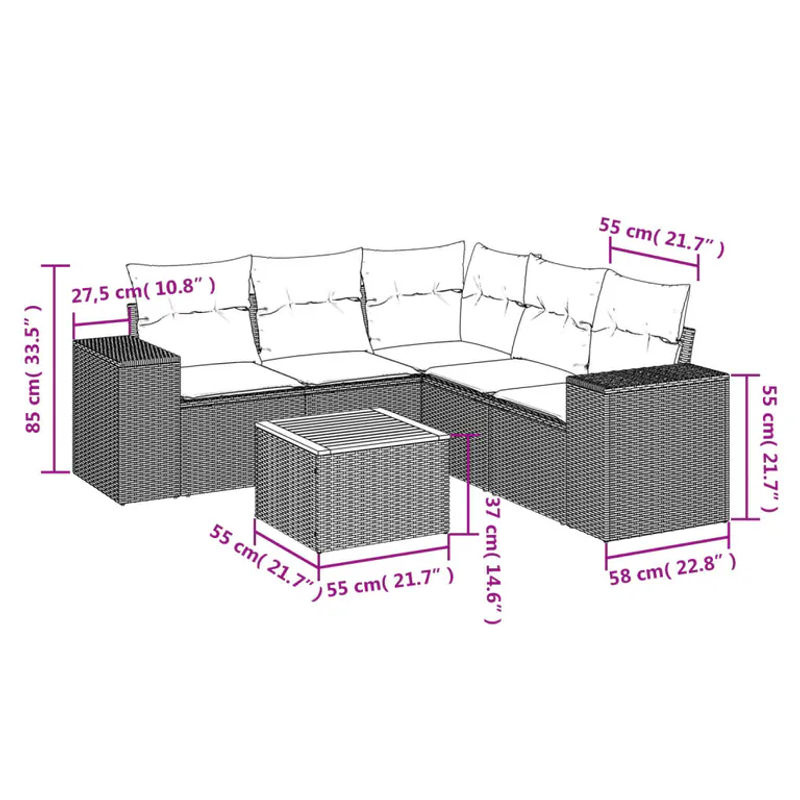 Vidaxl 6-teiliges Gartenmöbel-Set aus Polyrattan und Akazie in Schwarz mit Kissen - Bild 2
