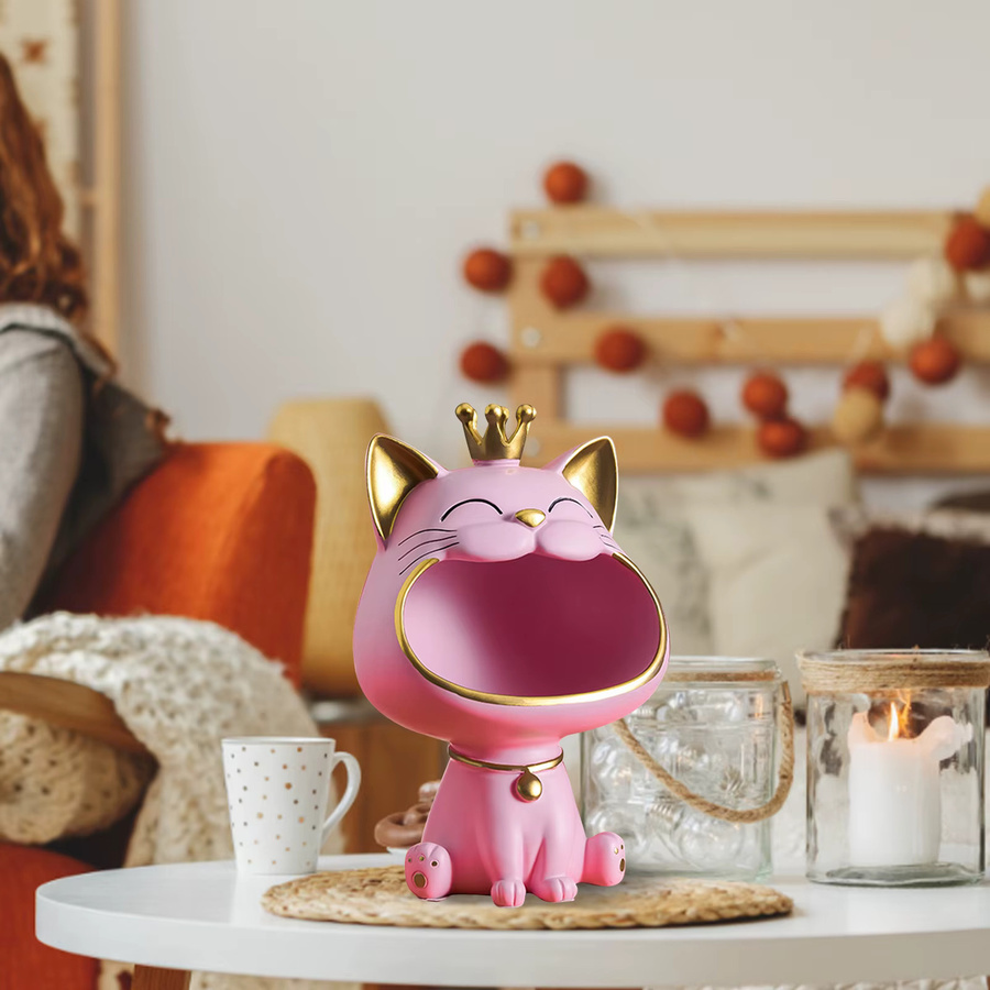 Jaysuing Lachende Katze Statue aus Harz in Weiß als kreative Desktop-Schlüsselbox und Dekoration - Bild 5