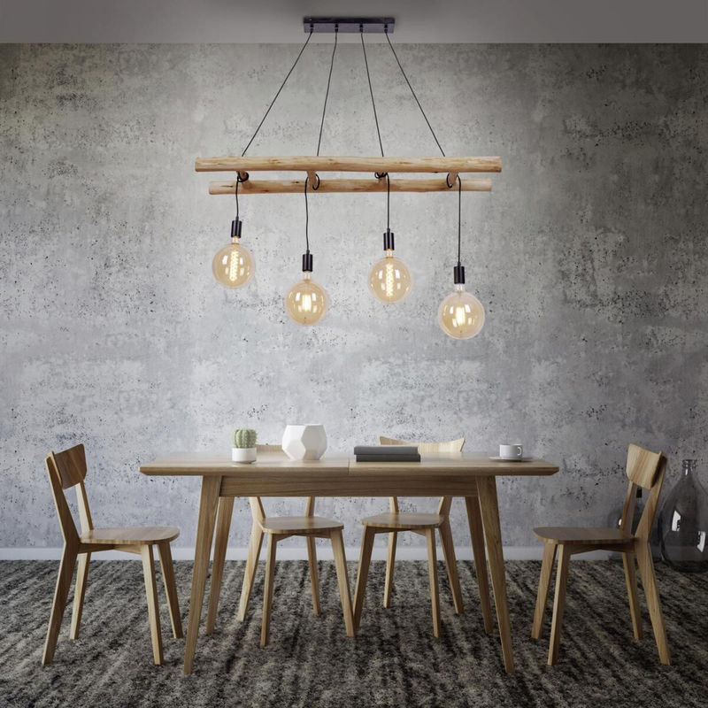 Just Light Pendelleuchte Edgar in Schwarz mit Holz und Metall, E27, 4 Brennstellen, H x B x T: 120 x 120 x 30 cm - Bild 2