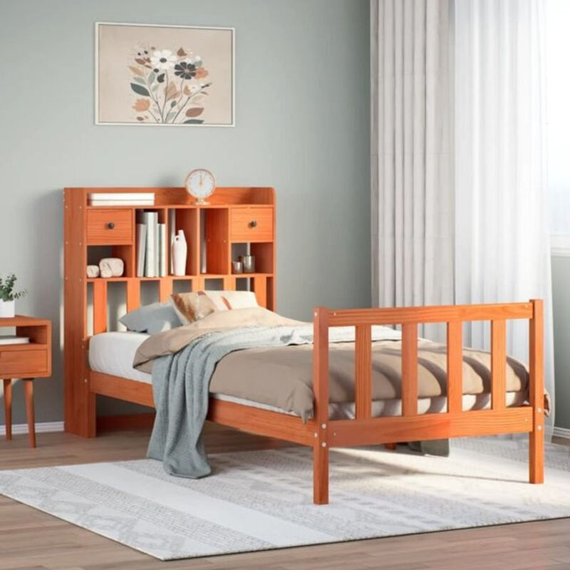 Massivholzbett aus Kiefer mit Regal in Braun von Vidaxl, B/L: 75 x 190 cm - Bild 1