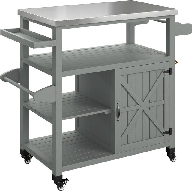 Outsunny Garten-Servierwagen und Grillwagen aus Holz mit Edelstahlplatte in Grau, B/T/H: 107 x 49,5 x 92,5 cm - Bild 1
