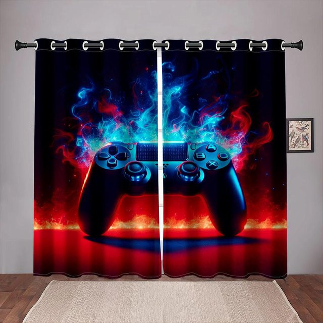 2er-Set Cartoon Gaming Fenstervorhänge von Yiran Furniture mit Playstation-Motiv, halbtransparent, Mehrfarbig, Breite: 75 cm, Höhe: 166 cm - Bild 1