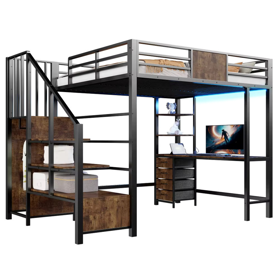 Multifunktionales Metall-Hochbett in Schwarz mit integriertem Schreibtisch, Kleiderschrank, Staufächern, LED-Beleuchtung und USB-Steckdose, B/T: 140 x 200 cm - Bild 5