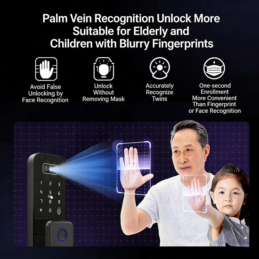 ZhdCookey Intelligentes Türschloss in Schwarz mit 3D-Gesichtserkennung, Palm-Ader-Scan, Fingerabdruck, WLAN und Tuya App-Kompatibilität - Bild 3