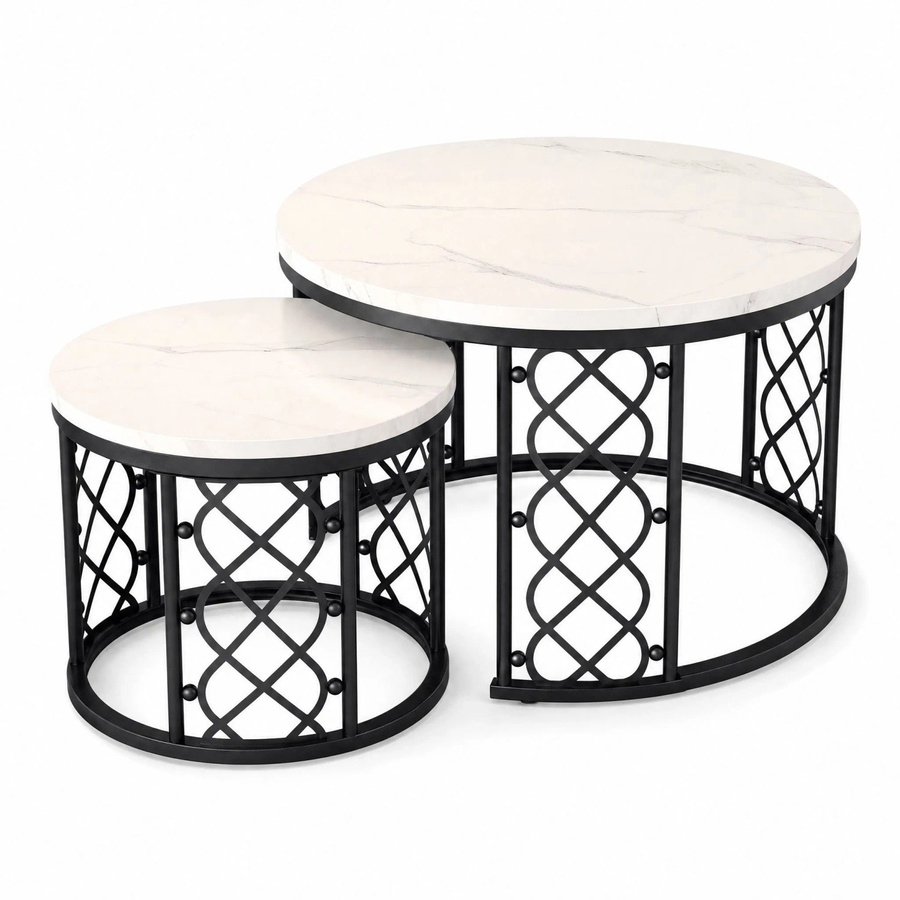 okwish Couchtisch 2er-Set aus MDF und Metall, runde Satztische für dein Wohnzimmer, Weiß und Schwarz, B/T/H: 70 x 70 x 45 cm - Bild 2