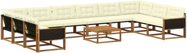 vidaXL Outdoor-Sofagarnitur in U-Form aus massivem Akazienholz mit 11-teiligem Set, Textilene-Bezug und Kissen in Natur und Beige - Bild 1
