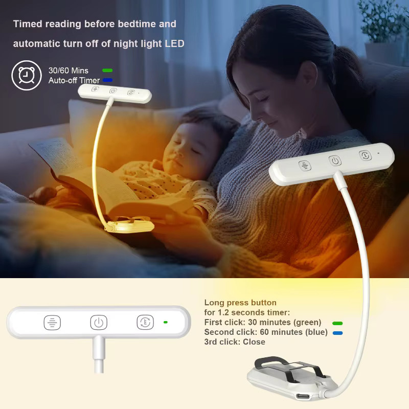 LINYILIGHT LED Clip-On Leselampe mit Touch-Steuerung, USB-aufladbare Buchlampe in Weiß mit 3 Farbmodi und 5 Helligkeitsstufen - Bild 5