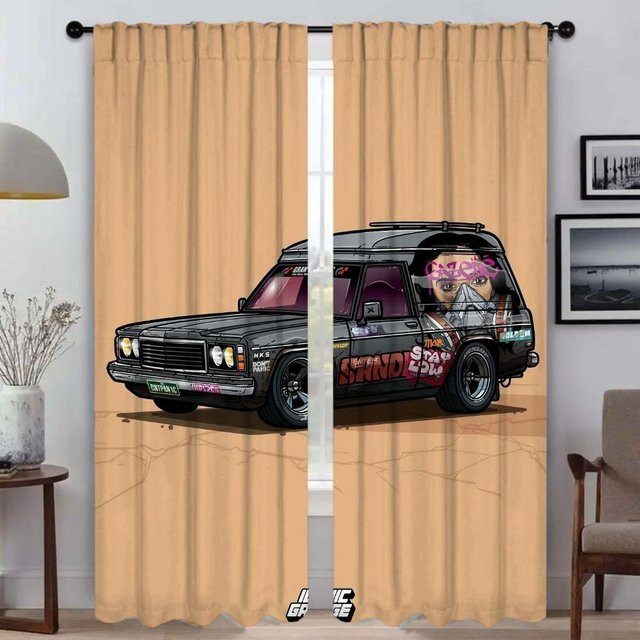 2er-Set Retro-Auto Küchenvorhänge aus Tüll in Beige, halbtransparent mit Fahrzeug-Grafik, Breite: 50 cm, Höhe: 70 cm - Bild 1